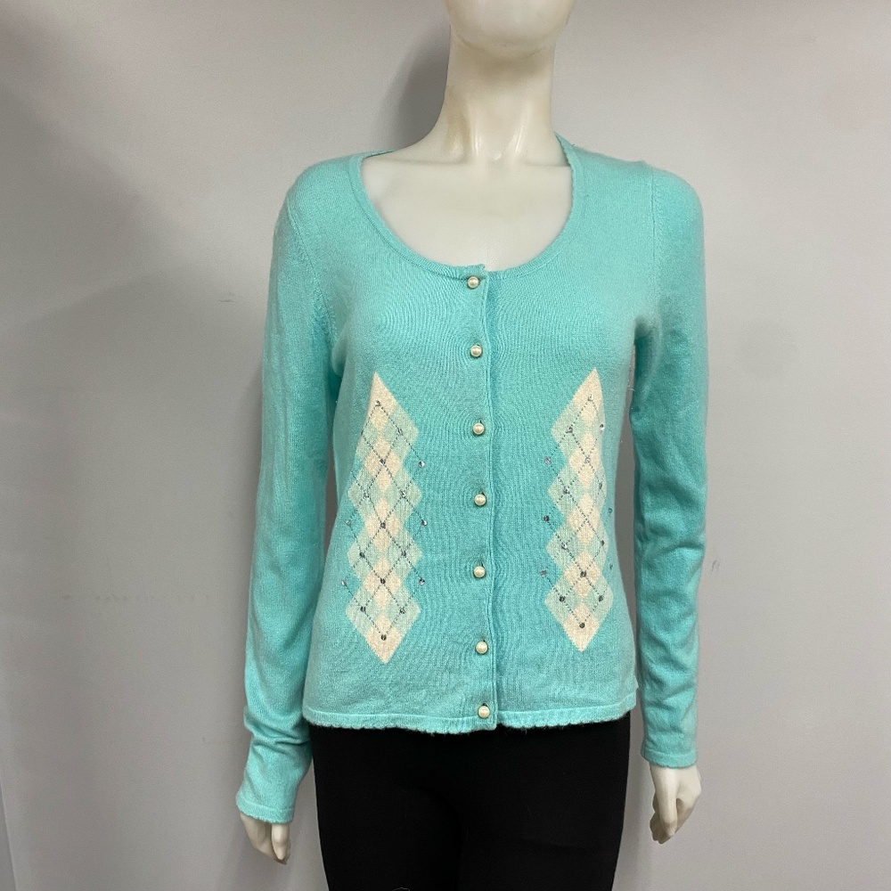 Grayson & Dunn 100% Cashmere Argyle Cardigan Sweater Faux Pearl Buttons